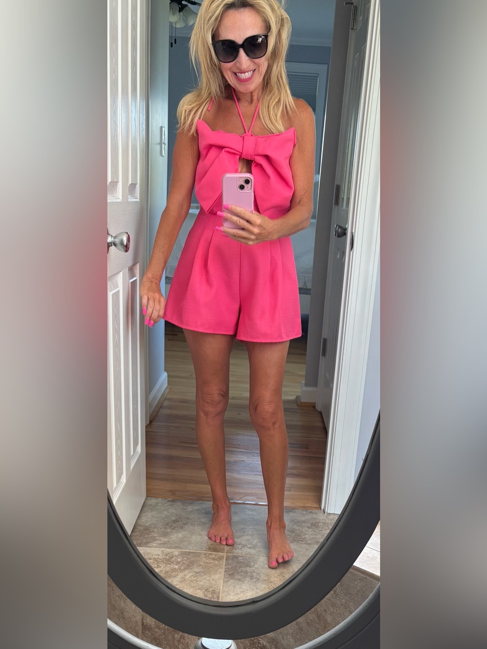 glam Hot Pink High-Waist Bow Front Romper